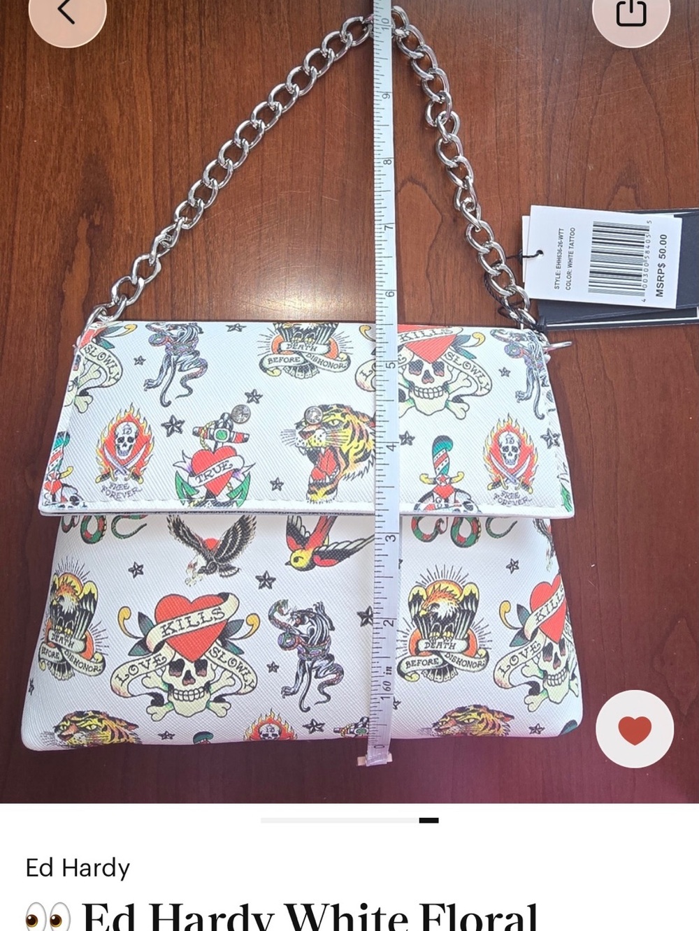 Ed Hardy White Tattoo-Print Chain Shoulder Bag